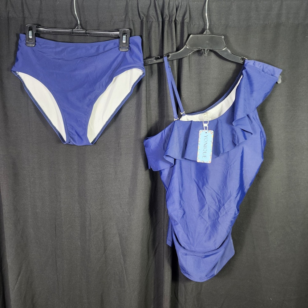 Yonique Womens Royal Blue One Shoulder Ruffle Tankini Set High Waist Size L SWIM